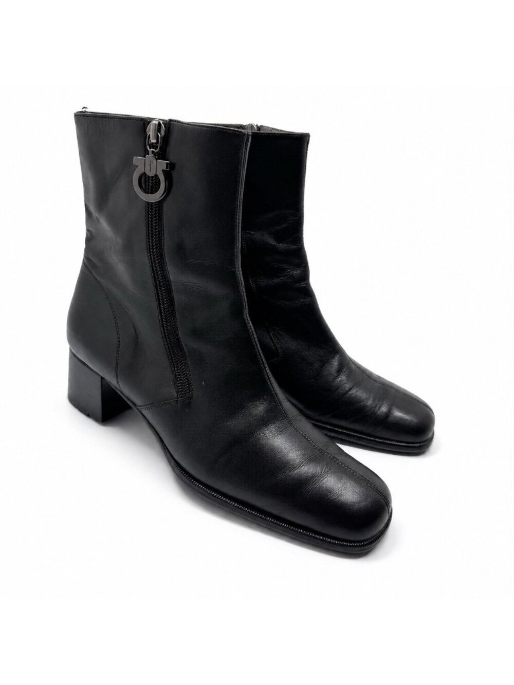 Salvatore Ferragamo Leather Ankle Boots Womens Size 8 Black Gancini Zip Luxury